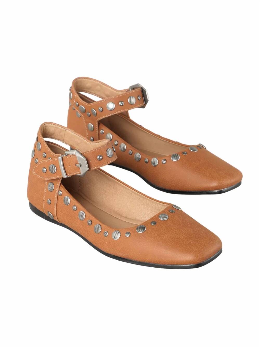NEW MIIM women's mystic studded ankle strap ballerina flats in camel